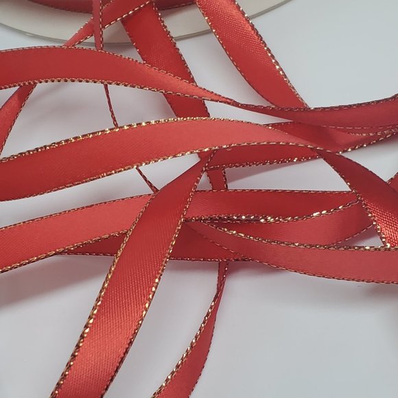 Vintage Other - Vintage Red Satin Ribbon with Gold Edge 3/8" x 12 yards